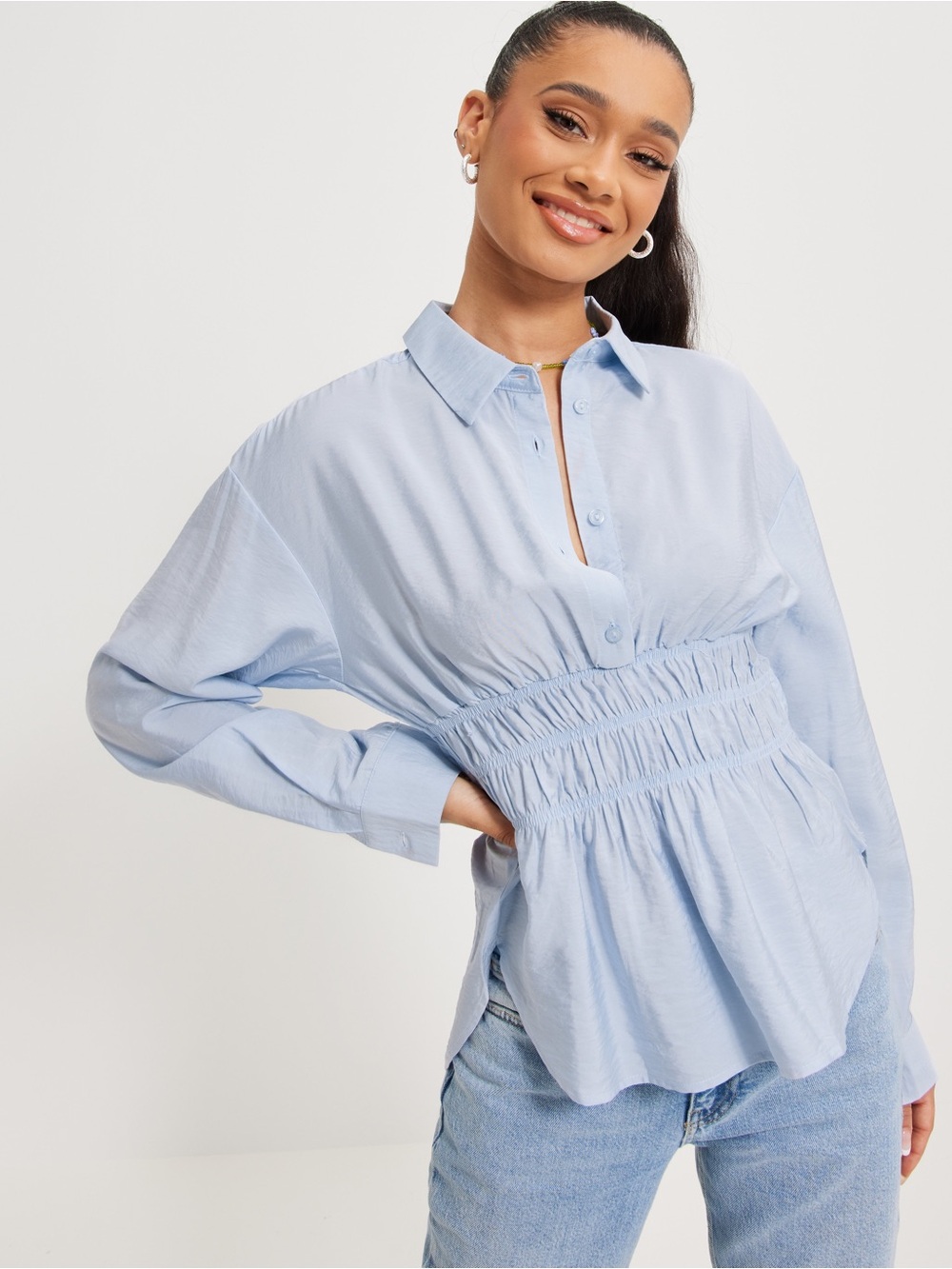 JJXX Smocked Waist Light Blue Button-Up Women's Top